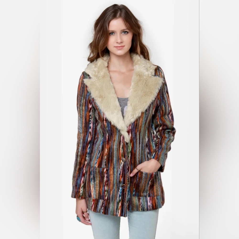 MINKPINK Kooky Multi Yarn Stripe Faux Fur Collar Coat Size XS